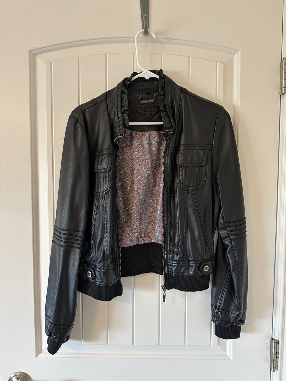 Jou Jou Black Faux Leather Bomber Jacket with Floral Lining